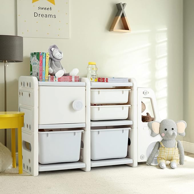 Costzon Toy Storage Organizer, Toy Shelf with with 2 Removable Toy Bins, 2 Pull-Out Drawers, Enclosed Cabinet, Kids Bookshelf, Toy Organizers and Storage for Kids Room, Playroom, Nursery (Beige)