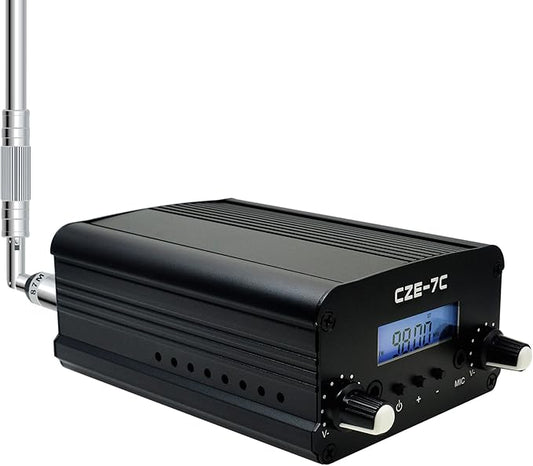 7W 1W Long Range FM Transmitter with LCD & 3.5mm Audio Cable - Ideal for Drive-in Church, School & Supermarket Events, Light Shows & Fireworks Display - Black