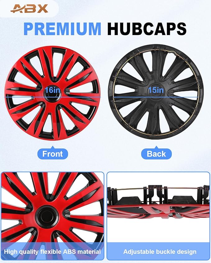 ABX Hubcap Wheel Covers Hub Caps 16 Inch Set of 4 Black & Red Universal Wheel Rim Cover R16 Stylish Car Decor Wheel Covers