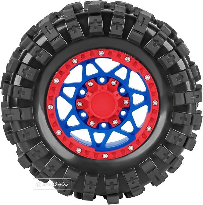 1/10 Scale RC Truck Tires,Wheels and Tires w/12/14/17MM Hex for Rustler Stampede Hoss, Granite Vorteks Big Rock 3S,1/10 Off Road Tires Rubber Truck Tyres w/Foam Insert,Navy Blue w/Red