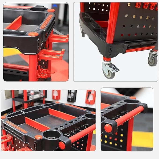 3-Tier Auto Detailing Tool Cart with 4 Hanging Boards & Wheels | Portable Garage, DIY, Home Studio & Workshop Organizer for Car Detailing Tools & Storage
