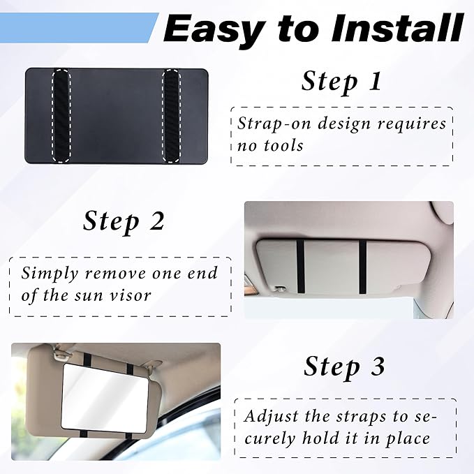 Car Sun Visor Mirror, Cosmetic Makeup Mirrors with Straps, HD Cars Interior Cosmetic Mirror, Car Accessories for Women Universal Sun Visor Mirrors for Trucks, Cars, SUVs (Black)