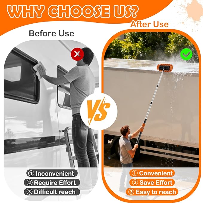 12FT Car Wash Brush with Long Handle, Car Cleaning Kit with Soft Bristle Wash Brush, Microfiber Cleaning Mop, Window Squeegee, Mitt, Wheel Brush for RV, Truck, Boat, House Siding