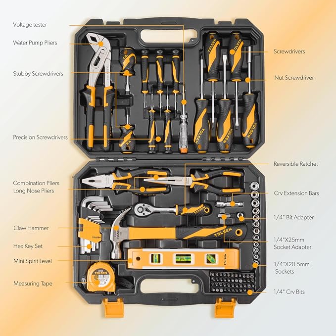 TOLSEN Tool Set Home Mechanic Tool Kit, Screwdriver,Hammer, Ratchet, Drill Bits,Hex Key,Tape Measure,Toolbox Storage Case, Hand Household Tool Set for College,Starter,Beginner