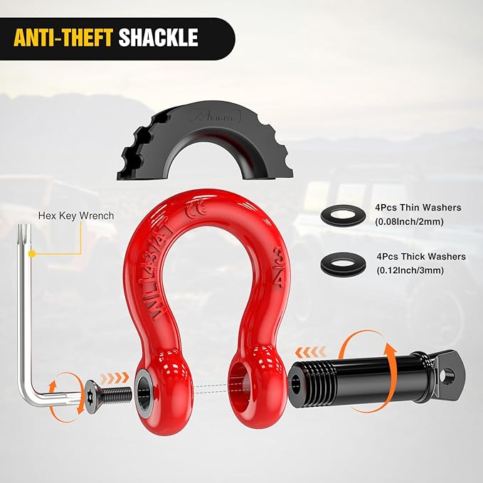 Nilight 3/4 inch D Ring Shackle 2 Pack 19T (41,887 lbs) Break Strength 4.75T WLL Heavy Duty Towing Hook with Anti-Theft System Anti-Rattle Isolators for Truck Jeep SUV ATV UTV Recovery Red