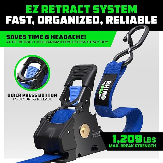 Rhino USA Retractable Ratchet Straps (4-Pack) - 1 Inch x 10 Feet (1,209lb Break Strength) - Auto Self Retracting Tie Down Straps for Truck, Cargo Trailer, Motorcycle, ATV, UTV - Blue