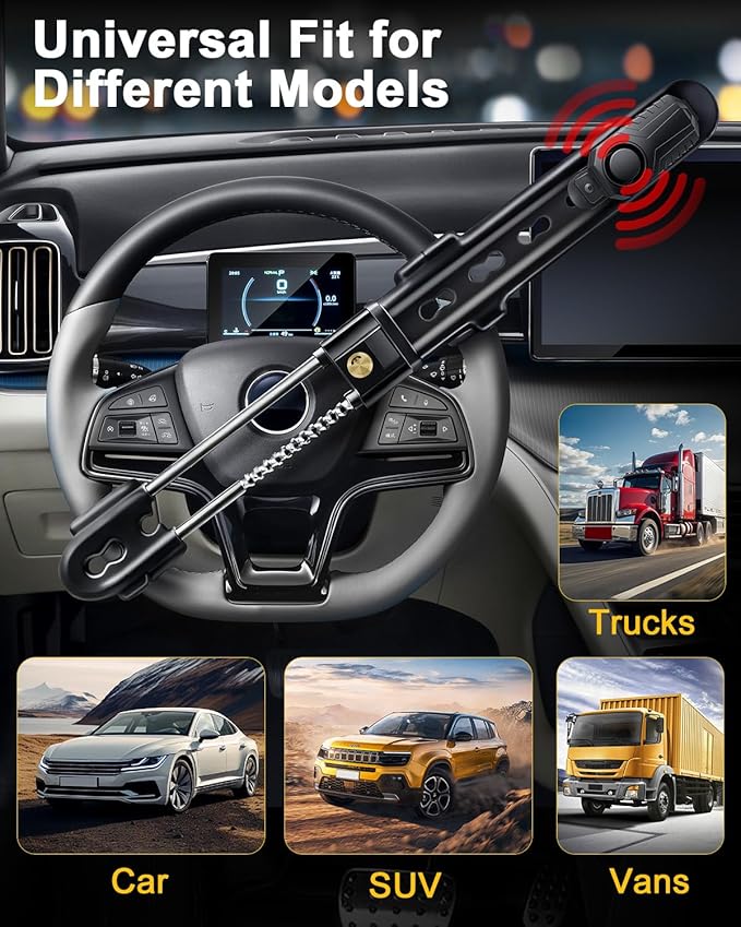 Electop Steering Wheel Lock with 113db Alarm Car Lock Heavy Duty Car Alarm System with Motion Sensor Anti Theft Device with Adjustable Locking and 2 Keys Car Alarm System for Auto Truck Van SUV