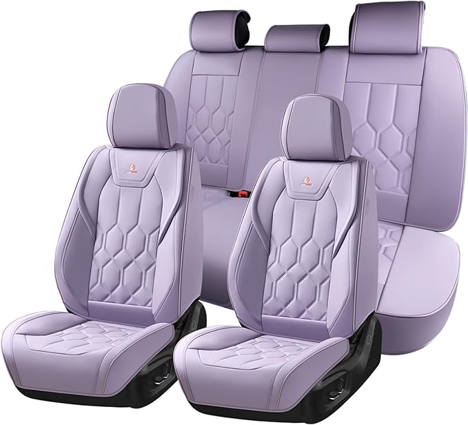 Huidasource Leather Car Seat Covers Full Set, Full Coverage Universal Fit for Most Cars SUVs Trucks, Easy Install with Velcro, Airbag Compatible, Retains Seat Functions & Cupholders, Purple