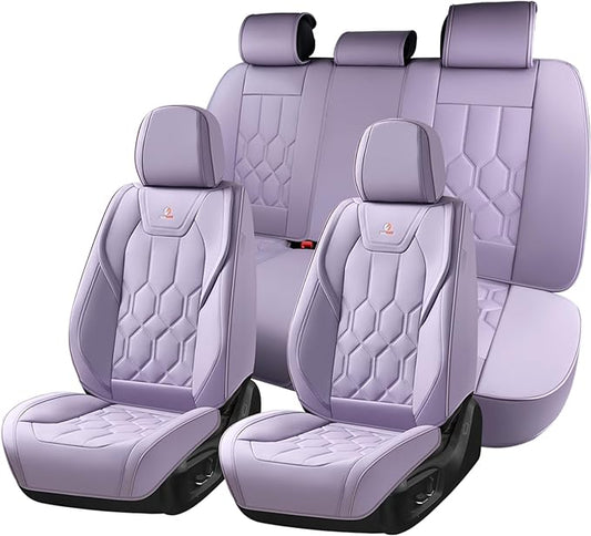 Huidasource Leather Car Seat Covers Full Set, Full Coverage Universal Fit for Most Cars SUVs Trucks, Easy Install with Velcro, Airbag Compatible, Retains Seat Functions & Cupholders, Purple