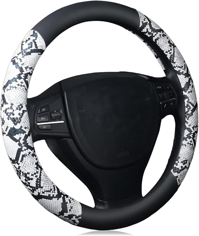 ZHOL Snake Skin Steering Wheel Cover, Universal 14.5-15 inch Breathable Microfiber Leather Anti-Slip Car Steering Wheel Protector for Women Men, Black&White