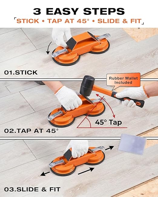 Saker Floor Gap Fixer Tool Kit with Mallet, 10PCS Washable Pads & Gloves, Suction Cup Tool for Laminate Floor Gap Repair, Vinyl Plank & Wood Floors (Dual Suction Cup+Rubber Mallet)