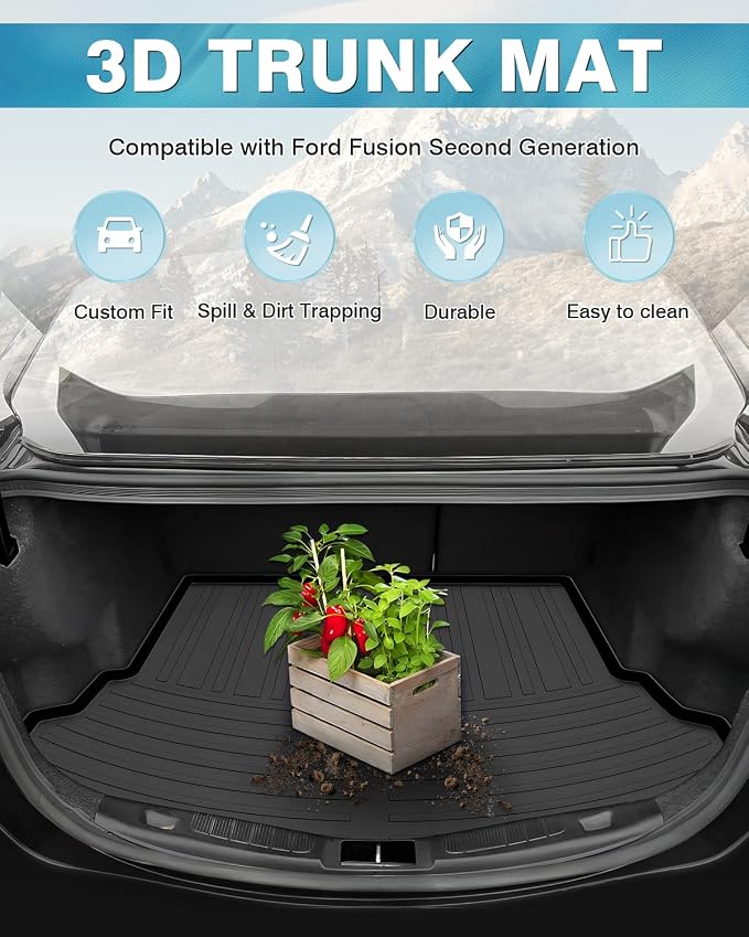 Mixsuper All Weather Cargo Liner - Custom Fit Trunk Mat Compatible with Ford Fusion (2013-2020), Platinum (2017-2018), Sport (2017-2020) Black