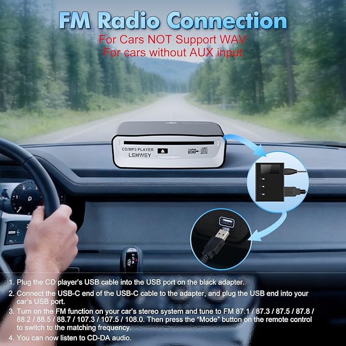 Lehwey USB CD Player for Car, External Car Cd Players with AUX & FM Transmitter, Portable CD Player for Cars Without CD Drive, Anti-Skip, Remote Control, Works with Most Cars, SUVs, Trucks