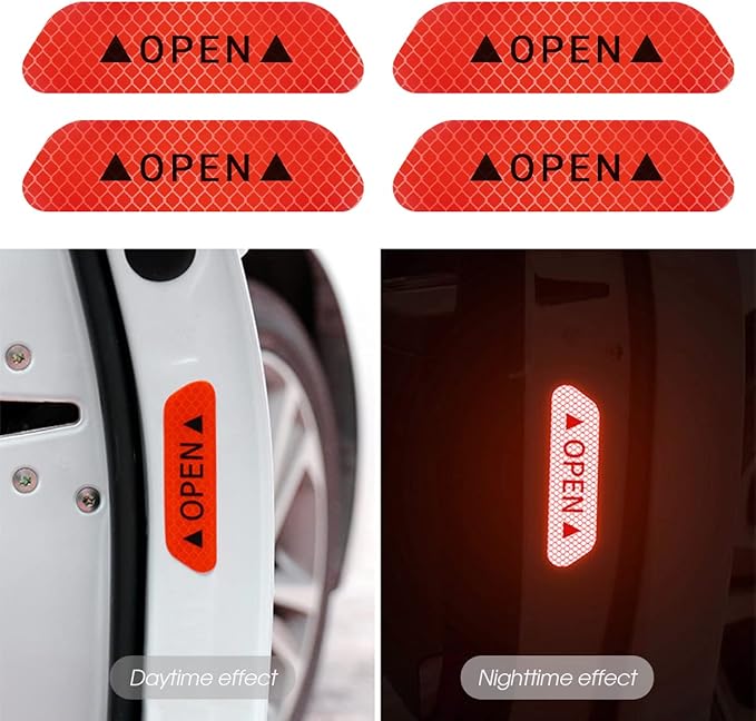 4PCS Reflective Open Warning Stickers for Car Door, Night Visibility Auto Safety Prompt Decals, 3.6 Inch Anti-Collision Protective Strip Tape, Car Accessories Universal for Truck, SUV, Van (Red)