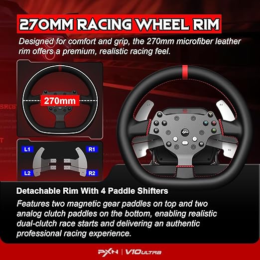 PXN - V10 Ultra Gaming Steering Wheel & Pedals, 3.2Nm Direct Drive Force Feedback, 4 Paddle Shifters, Hall Effect Pedals, 10.6-inch Racing Wheel Rim, Sim Racing Setup for Xbox, PS4, and PC