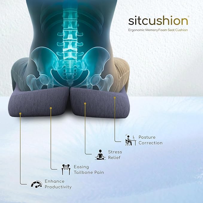 SitCushion Car Seat Cushion for Long Driving – X Large Memory Foam Seat Cushion for Sciatica & Tailbone Pain Relief, Orthopedic Coccyx Cushion with Non-Slip Bottom, Back Pillow for Car, Truck (Gray)
