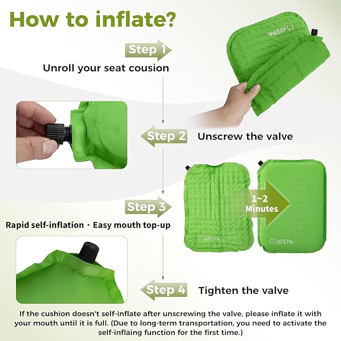 ATEPA Inflatable Seat Cushion, Compact Self-Inflating Seat Cushion for Stadium Airplane Air Travel Bleacher Camping, Blow Up Foam Seat Pad for Outdoor Sports Events Backpacking Hiking Sitting