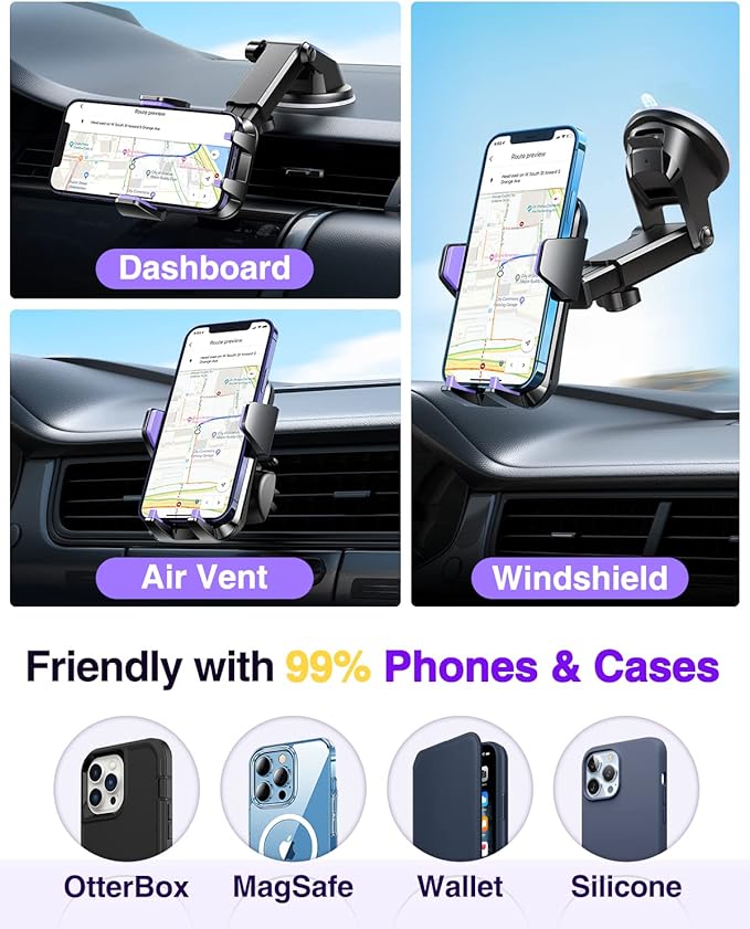 VANMASS【85+LBS Strongest Suction & Military-Grade Ultimate Car Phone Mount【Patent & Safety Certs】 Cell Holder Truck for Dash Windshield Vent for iPhone 17 Pro Max Automobile Accessory Kits,Purple