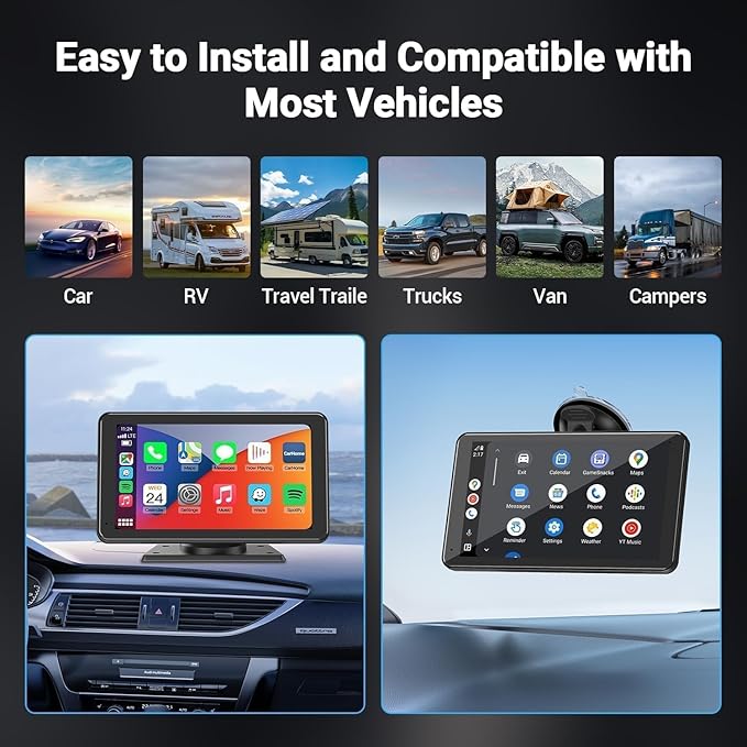 Carplay Screen for Car, 7" HD Wireless Apple CarPlay & Android Auto, Portable Car Stereo Touchscreen with Bluetooth, Mirror Link, Voice Control, Backup Camera, GPS Navigation, AUX, Fits All Vehicles