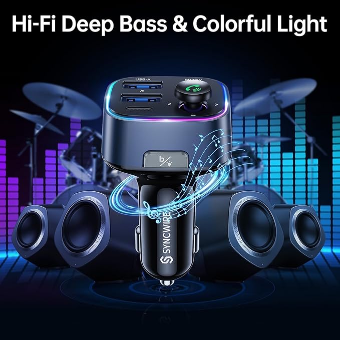 Syncwire Bluetooth 5.4 FM Transmitter Car Adapter 48W(PD 36W & 12W) [Light Switch] [Hi-Fi Deep Bass] [Fast Charging] Wireless Radio Music Adapter LED Display Hands-Free Calling Support USB Drive