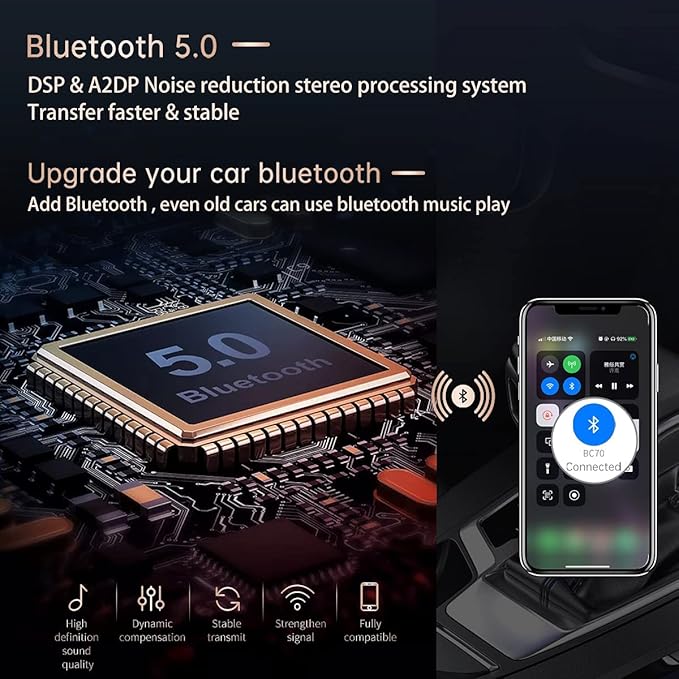 Bluetooth 5.0 Car Change Radio Receiver with 2 Stronger Microphones, 41W PD QC 3.0 USB Car Charger, Aux in/Out Wireless Audio Music Adapter, with Hands Free Calls and Voice Assistant