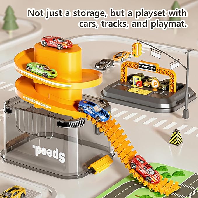 Toy Car Track Storage Playset - Toddler Toys for Ages 2-4, Car Track Set Including 12 Diecast Cars, PlayMat, Race Tracks, Car Ramp, Kids Birthday Gift for 2 3 4 5 Year Old Boys