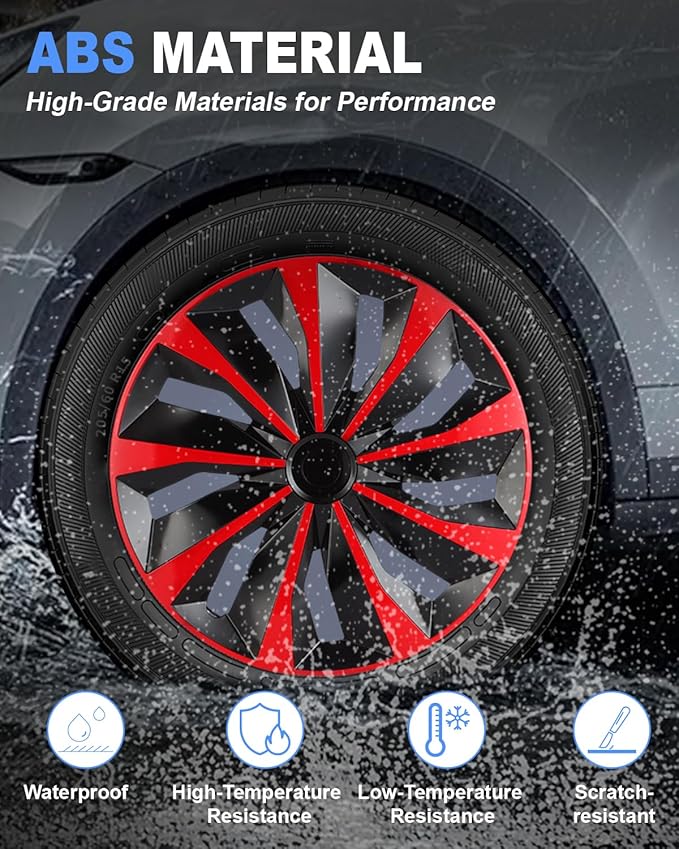 ABX Hubcaps,15 inch hubcaps Set of 4, Wheel Rim Cover ABS Material, Snap On Car Truck SUV Replacement, for Toyota Camry Nissan Mazda etc, Black & Red