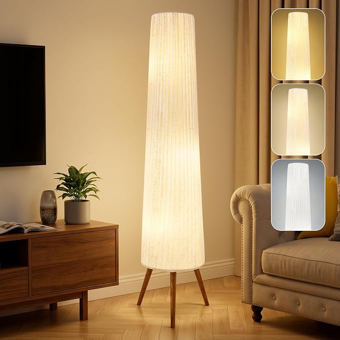 GyroVu 60 Inch Oatmeal Wood Floor Lamp, Color Temperature Adjustable Softlighting Corner Lamp, 3 Bulbs Standing Lamp, Creative Ambient Light for Living Room Bedroom&Office-Bulbs Included