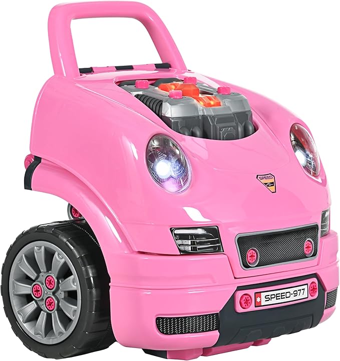 Qaba Truck Engine Toy, Kids Mechanic Set with Lights, Sounds, Steering Wheel and Horn, Pretend Car Service Station Play with 61-Piece Included for Kids Aged 3+, Pink