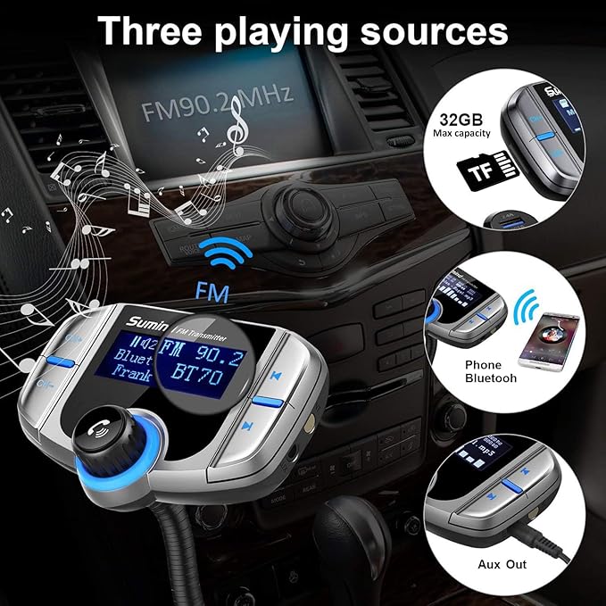 Sumind 2026 Upgraded Wireless Bluetooth Car Adapter FM Transmitter, 1.7'' LCD Display, Flexible Gooseneck, 20W QC3.0&Dual USB Ports, AUX Input/Output for Hands-Free Call, Micro/TF Card(Grey,PD)