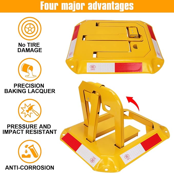 Tevlaphee Orange Foldable Parking Barrier, Cylindrical Lock, Double Lock Design for Extra Protection