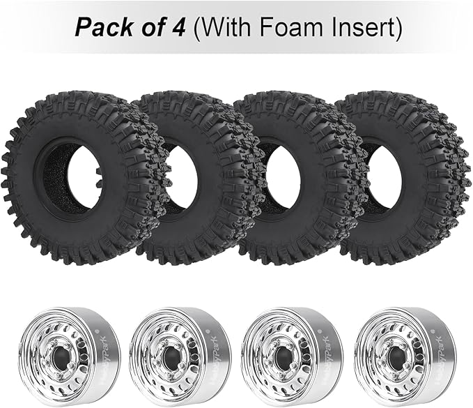 HobbyPark 1.0 Beadlock Wheels and Tires Negative Offset Stamped Steel 1.0" Wheels 1.0 Beadlocks for 1/24 1/18 RC Crawler TRX4M SCX24 FCX24 Upgrades Parts Soft Rubber Good Grip (w/53x19mm Tires)