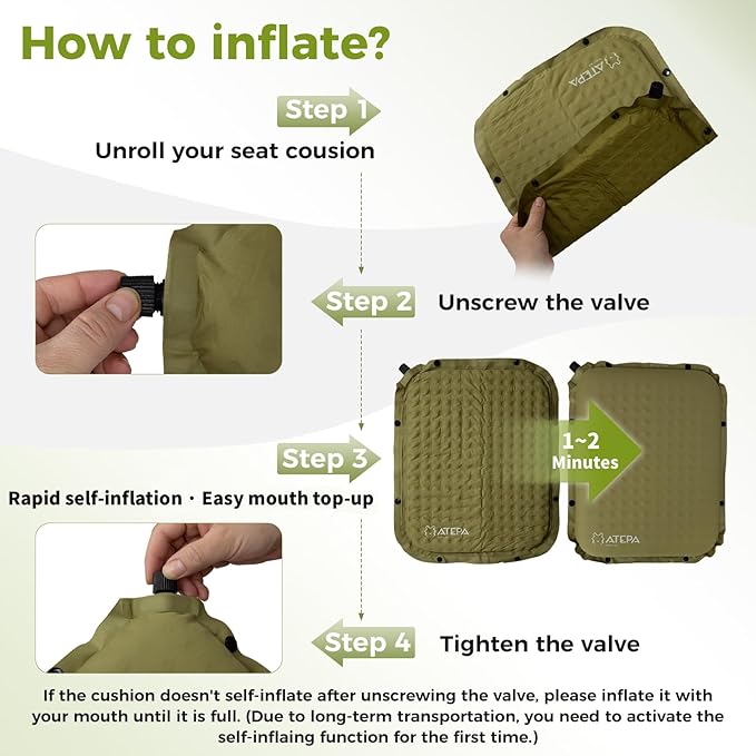 ATEPA Inflatable Seat Cushion, Compact Self-Inflating Seat Cushion for Stadium Airplane Air Travel Bleacher Camping, Blow Up Foam Seat Pad for Outdoor Sports Events Backpacking Hiking Sitting