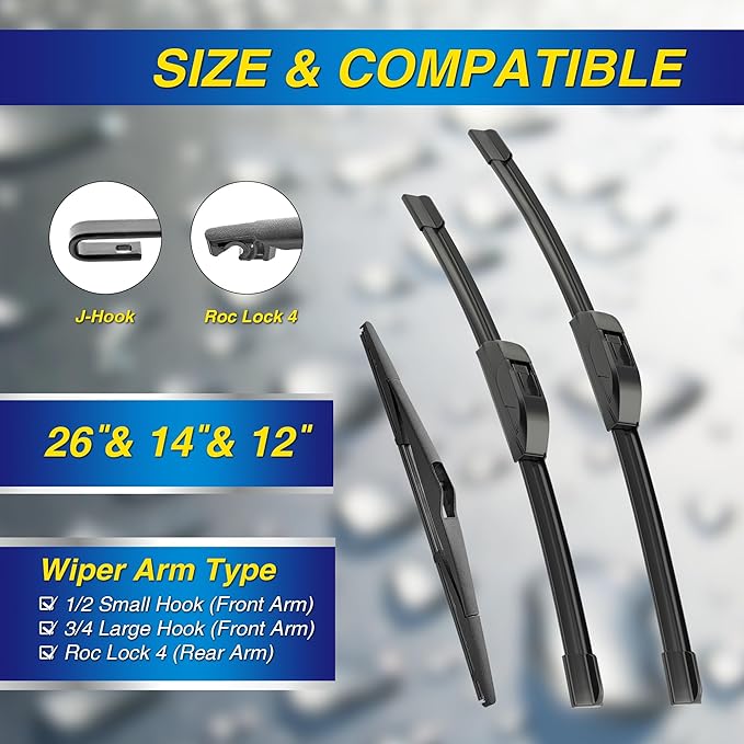 5 PLUS® Windshield Wipers Replacement for HYUNDAI Santa Fe 2018-2013,HYUNDAI Santa Fe Sport 2018-2013,Silicone Water Repellent Wiper Blades-26"/14"/12"(Set of 3), OEM Fit, All-Season