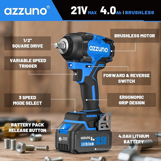 AZZUNO Brushless 1/2 inch Electric Cordless Impact Wrench, 800N.m (590 Ft-lbs), High Torque Electric Wrench, 2x 4.0Ah Battery, Charger & 4 CR-V Sockets, Tool Case