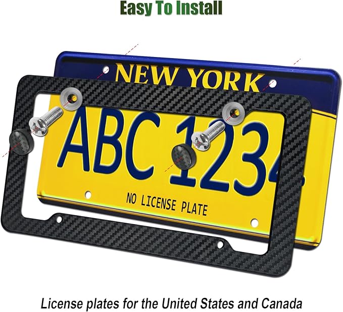 Carbon Fiber License Plate Frames- Black Carbon Pattern Plastic Front & Rear Car Tag Holder Cover 2 Pack with Mount Hardware, Screws, Caps, Handlebar Stickers