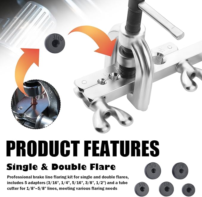 25Ft 1/4" and 3/16" Brake Line Kit,Single & Double Brake Line Flaring Tool Kit with 32 Inverted Fittings and Brakes Flare Tool Kits,Copper Plated Brakes Lines Repair Kits