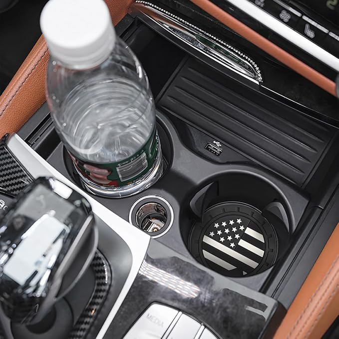 Osilly Car Cup Holder Coasters, 4 Pack American Flag Insert Car Cup Coaster, 2.75 Inch PVC Anti Slip Shockproof Embedded Drink Mat, Car Interior Decoration Accessories for SUV, Truck (Black)