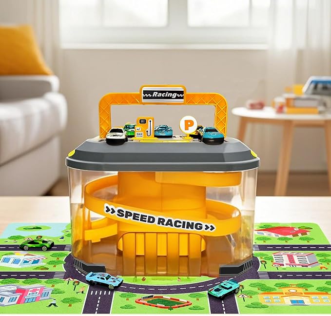Toy Car Track Storage Playset - Toddler Toys for Ages 2-4, Car Track Set Including 12 Diecast Cars, PlayMat, Race Tracks, Car Ramp, Kids Birthday Gift for 2 3 4 5 Year Old Boys