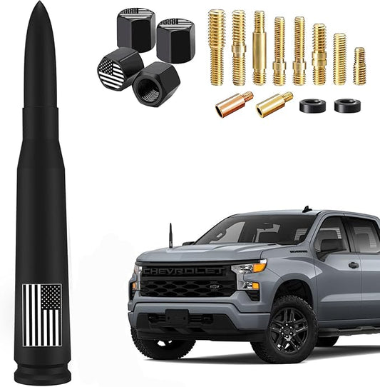 America Flag Truck Car Bullet Antenna with Valve Stem Caps Mast for GM Chevy Silverado 1500 2500 3500 HD Ford F150 F250 F350 Denali Heavy Pickup Jeep AM/FM Truck Accessories (Matte Black)-Anti Theft