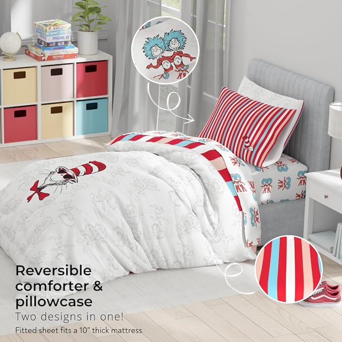 Dr. Seuss Cat in The Hat Kids Bedding, 5 Piece Twin Bed Set, Soft Cozy Reversible Comforter and Sheet Set with Sham, Officially Licensed Product by Franco