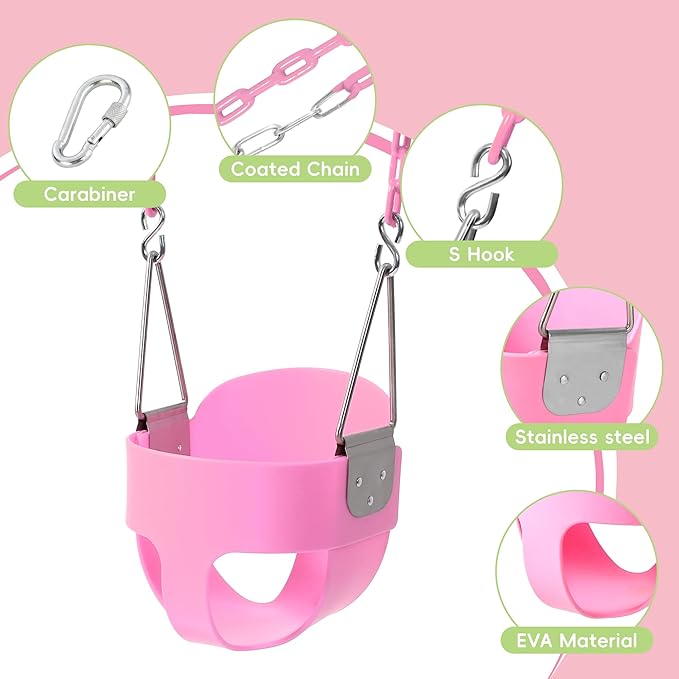 Take Me Away Pink Swing Seat - Heavy Duty High Back Full Bucket Toddler Swing Seat Chain Plastic Coated Baby Swing Outdoor - Playground Swing Set Accessories Replacement