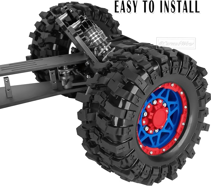 1/10 Scale RC Truck Tires,Wheels and Tires w/12/14/17MM Hex for Rustler Stampede Hoss, Granite Vorteks Big Rock 3S,1/10 Off Road Tires Rubber Truck Tyres w/Foam Insert,Navy Blue w/Red