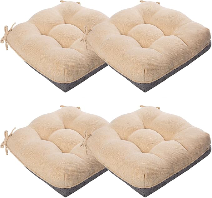 MAGIC ELEPHANT Chair Cushions for Dining Chair, Shredded Memory Foam Kitchen Chair Cushions Set of 4, Non-Slip Thick Dinning Room Chair Pads Seat Cushions, 15.5" x 15.5" x 4" (Beige)