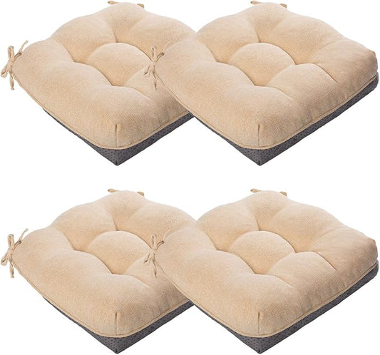 MAGIC ELEPHANT Chair Cushions for Dining Chair, Shredded Memory Foam Kitchen Chair Cushions Set of 4, Non-Slip Thick Dinning Room Chair Pads Seat Cushions, 15.5" x 15.5" x 4" (Beige)