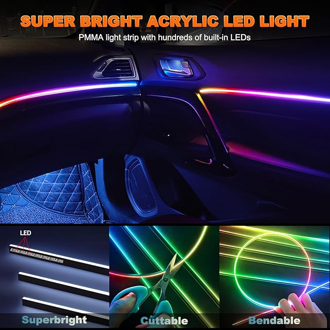 Jushope Interior Car LED Strip Lights, Acrylic LED Lights for Car with Dynamic Dreamcolor Chasing, Ambient Lighting Kits Music Sync Wireless APP and RF Remote Control (43.5+14.5'')