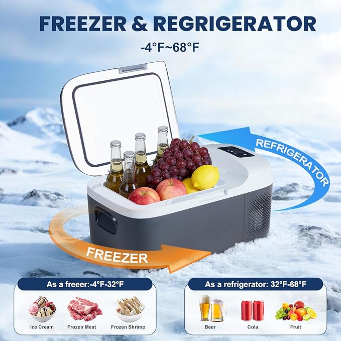 OLIXIS Portable Car Refrigerator, 17QT Single-Zone Electric Cooler for Vehicles, -4℉-68℉ Freezer Smart Control via Bluetooth with Car Battery Protection, Child Lock, 12/24V DC & 100-240V AC Powered
