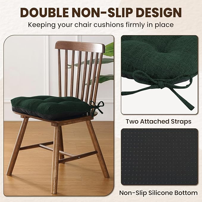 downluxe Indoor Chair Cushions for Dining Chairs, Tufted Overstuffed Textured Kitchen Chair Pads with Ties and Non-Slip Backing, 15.5" x 15.5" x 4", Dark Green, 6 Pack