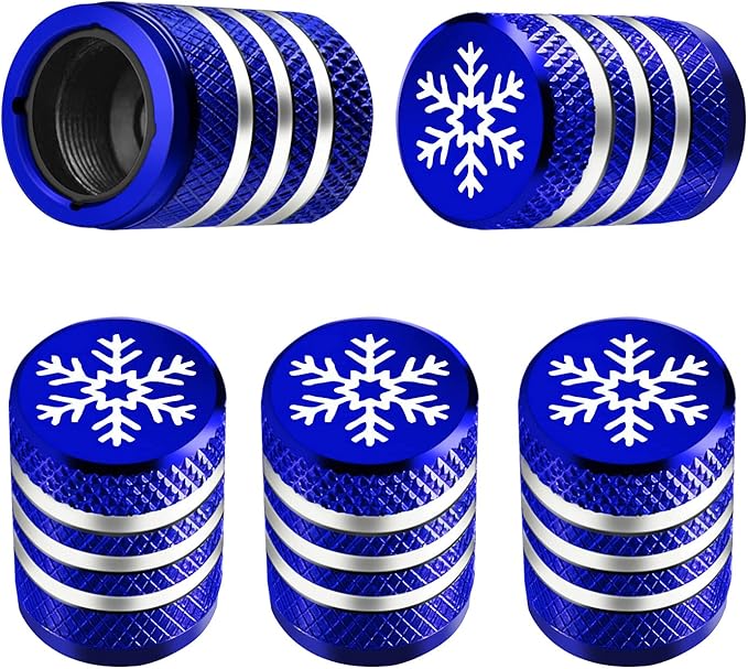 Tire Valve Stem Cap Cover - (5 Pack) Tire Air Caps Metal with Plastic Liner Corrosion Resistant Leak-Proof Snow Snowflake for Car Motorcycle Bike Blue