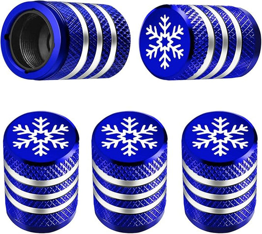 Tire Valve Stem Cap Cover - (5 Pack) Tire Air Caps Metal with Plastic Liner Corrosion Resistant Leak-Proof Snow Snowflake for Car Motorcycle Bike Blue